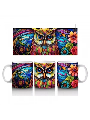 Renkli Çiçekler Arasında Parlayan Baykuş – Baskılı Kahve Kupası