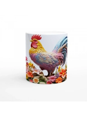Renkli Çiçekler Arasında Pastel Horoz Baskılı Kupa Bardak