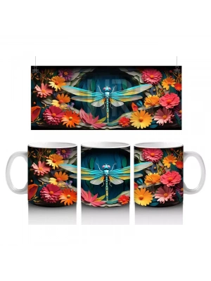 Renkli Çiçekler Arasında Yeşil Yusufçuk – Baskılı Kupa