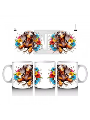 Renkli Çiçeklerle Süslenmiş Çatlak Zeminde Dachshund Köpek - Baskılı kahve kupası