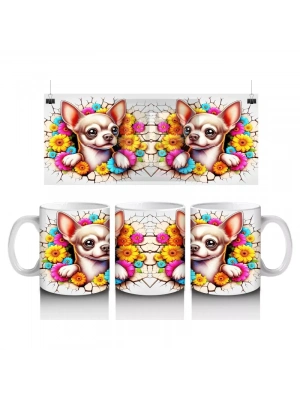 Renkli Çiçeklerle Süslenmiş Chihuahua Deseni - Baskılı kahve kupası