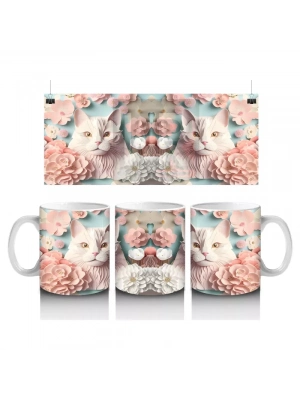 Renkli Çiçeklerle Süslenmiş Kedi Ailesi – Baskılı Kahve Kupası