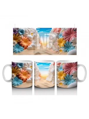 Renkli Çiçeklerle Süslenmiş Kumsal Manzarası – Baskılı Kahve Kupası