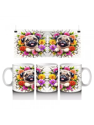 Renkli Çiçeklerle Süslenmiş Sevimli Köpekler – Baskılı Kahve Kupası