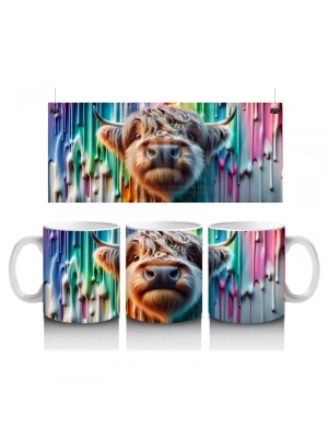 Renkli Damlayan Arka Planda Komik İnek - Baskılı Kahve Kupası