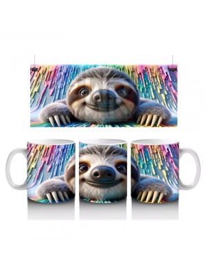 Renkli Fon Üzerinde Mutlu Tembel Hayvan – Baskılı Kahve Kupası