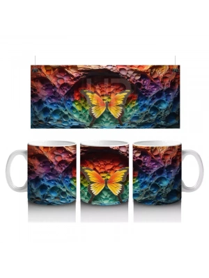 Renkli Kaya Oyuntusunda Turuncu Kelebek – Baskılı Kahve Kupası