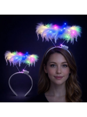 Renkli LED Işıklı Beyaz Tüylü Püsküllü Parti Tacı