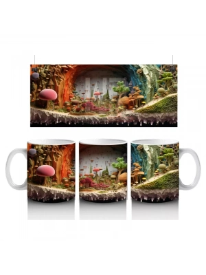 Renkli Mantarlarla Süslenmiş Fantastik Orman Manzarası - Baskılı kahve kupası