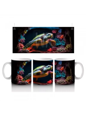 Renkli Mercan Resifinde Yüzen Deniz Kaplumbağası – Baskılı Kahve Kupası