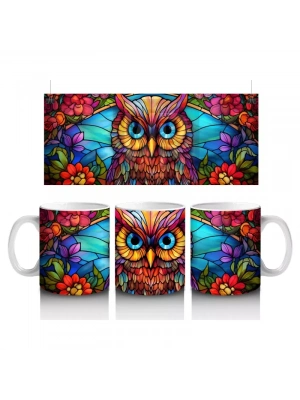 Renkli Mozaik Desenli Baykuş İllüstrasyonu – Baskılı Kahve Kupası