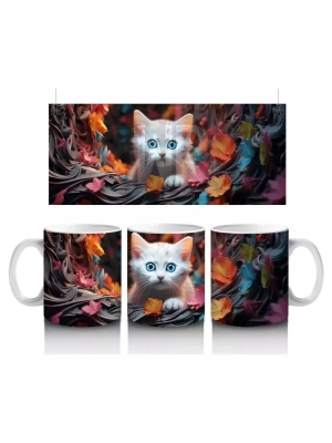 Renkli Sonbahar Yaprakları Arasında Gözleri Parlayan Kedi – Baskılı Kahve Kupası