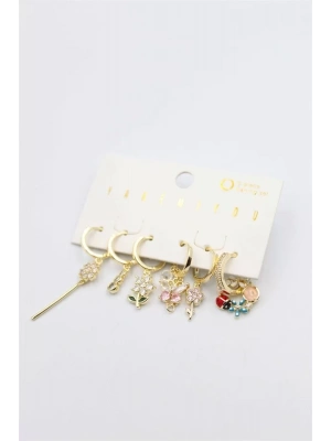 Renkli Taşlı Set Küpe - Altın