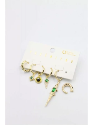 Renkli Taşlı Set Küpe - Altın