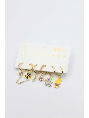 Renkli Taşlı Set Küpe - Altın