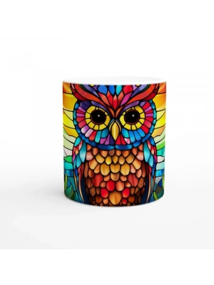 Renkli Vitray Baykuş Temalı Baskılı Kupa Bardak