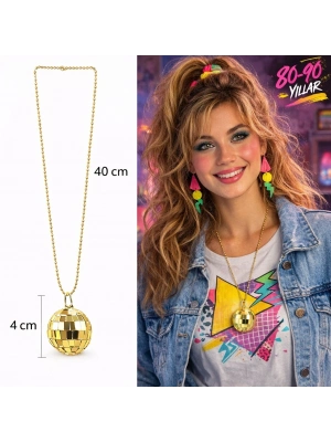 Retro Disko Topu Şekilli 80'ler 90'lar Altın Renk Plastik Kolye