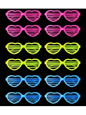 Retro Neon Fosforlu Kalp Panjur Gözlük 12 Adet – 80’ler 90’lar Parti Stili
