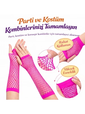Retro Neon Fuşya File Parmaksız Eldiven 26 cm