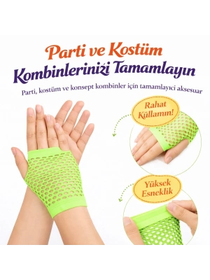 Retro Neon Yeşil File Parmaksız Kısa Eldiven 11 cm