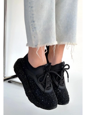 Rimay Siyah Cilt Boncuk İşlemeli Spor Ayakkabı