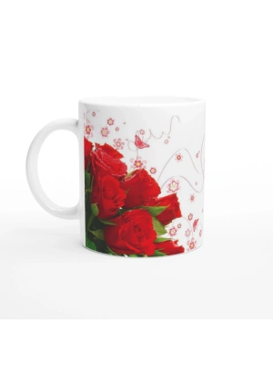 Romantik Kırmızı Gül Desenli Kupa Bardak