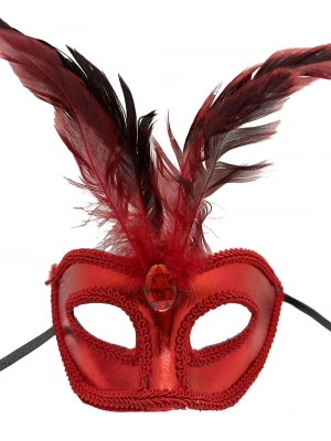 Rugan Kaplama Kırmızı Tüylü Parti Maskesi
