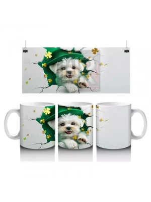 Şans Şapkası Takan Beyaz Yavru Köpek – Baskılı Kahve Kupası