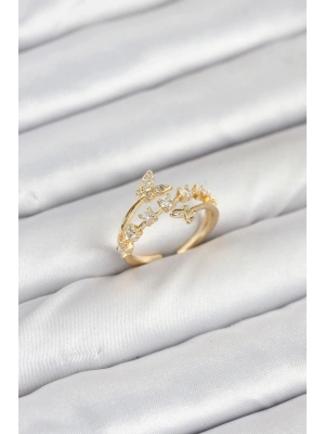 Pirinç Gold Renk Zirkon Taşlı Kelebek Model Kadın Yüzük