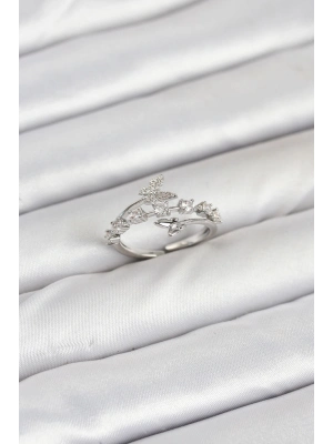 Pirinç Gümüş Renk Zirkon Taşlı Kelebek Model Kadın Yüzük