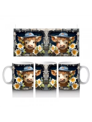 Şapkalı Çiçekli Sevimli İnek İllüstrasyonu - Baskılı kahve kupası