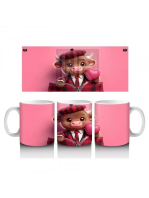 Şapkalı Sevimli Buzağı ve Pembe Kalpler – Baskılı Kupa Bardak