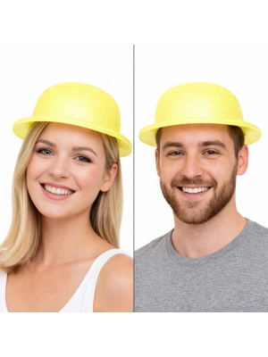 Sarı Simli Melon Şapka | İnce Plastik Glitter Yetişkin Parti Şapkası