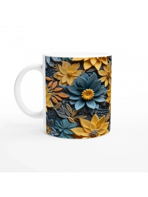 Sarı ve Mavi Rölyef Çiçeklerle Desenlenmiş Kupa Bardak