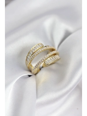 ® Sarmal Zirkon Baget Taşlı Gold Renk Kadın Yüzük