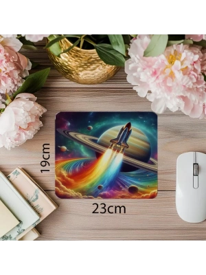 Satürn Yörüngesinde Renkli Roket Mousepad - 19x23 cm 2 mm Dikdörtgen İthal Baskılı Mouse Pad