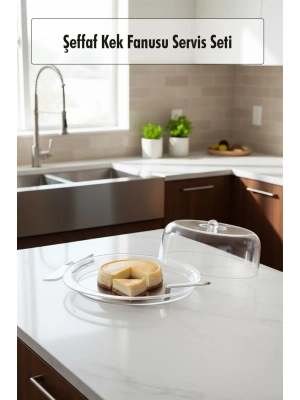 Şeffaf Akrilik Kek Fanusu ve Servis Seti – 33 x 39 x 14 cm (4 Parça)