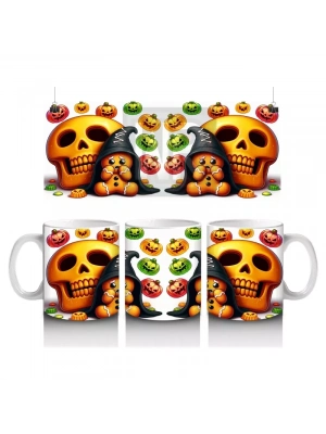 Şeker Sepetli Cadı ve Balkabağı Figürlü Sevimli Cadılar Bayramı Baskılı Kupa