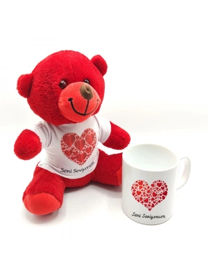 Seni Seviyorum Baskılı Kırmızı Ayıcık ve Kupa Bardak Seti