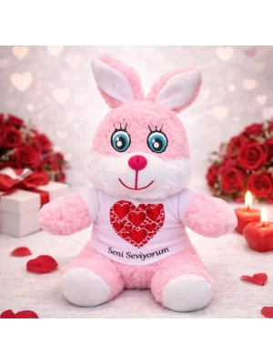 Seni Seviyorum Tişörtlü Pembe Peluş Tavşan