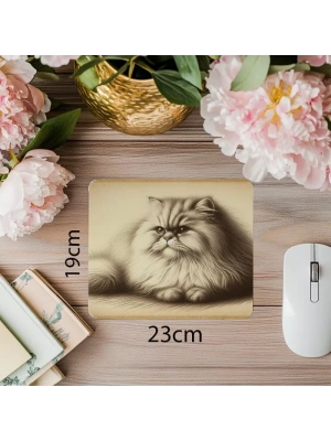 Sepya Tonlu Yatar Pozdaki Kedi Çizimi - 19x23 cm 2 mm Dikdörtgen İthal Baskılı Mouse Pad