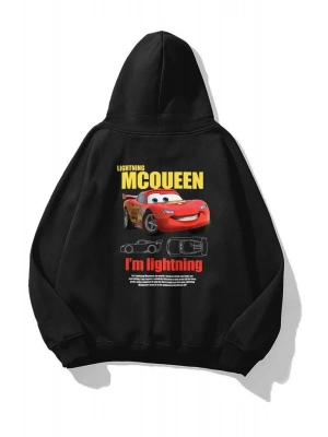 Sevgililer Günü Araba Baskılı Oversize Kapüşonlu Sweatshirt Hoodie - Siyah