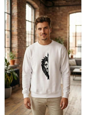 Sevgililer Günü Özel Bisiklet Yaka Aslan Baskılı Oversize Sweatshirt - Beyaz