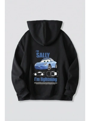 Sevgililer Günü Özel Kapüşonlu Araba Baskılı Oversize Sweatshirt - Siyah