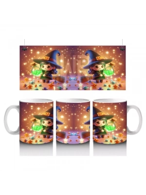 Sevimli Cadı Kız ve Şeker Sepeti Figürlü Renkli Cadılar Bayramı Baskılı Kupa Bardak