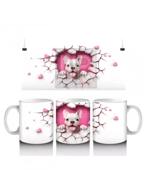 Sevimli Fransız Bulldog ve Pembe Kalpler Temalı Tasarım - Baskılı kahve kupası