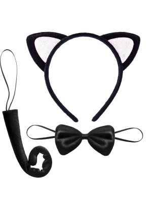 Sevimli Kedi Kostüm Seti Kulak Papyon Kuyruk Beyaz Renk