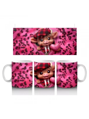 Sevimli Pembe Boğa Kalplerle – Baskılı Kupa