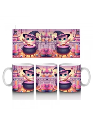 Sevimli Pembe Cadı Kız Figürlü Renkli Cadılar Bayramı Baskılı Kupa Bardak