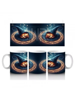 Sihirli Şapkalı Kedi Figürlü Işıltılı Halloween Baskılı Kupa